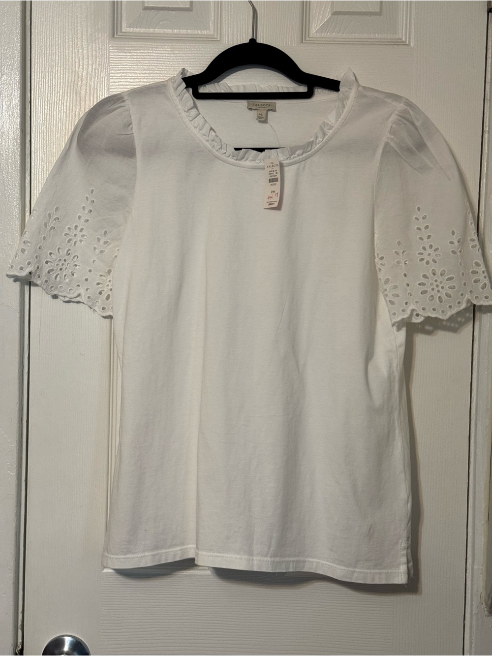 NWT Talbots White Eyelet Sleeve Ruffle Neck Short Sleeve Top Size Mp